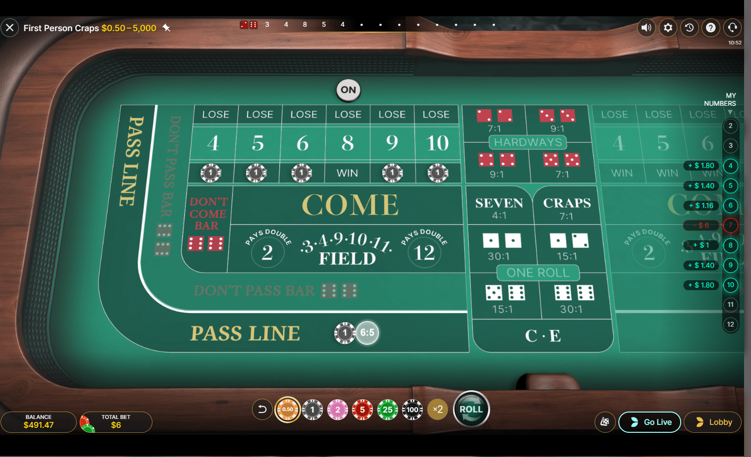 online craps table