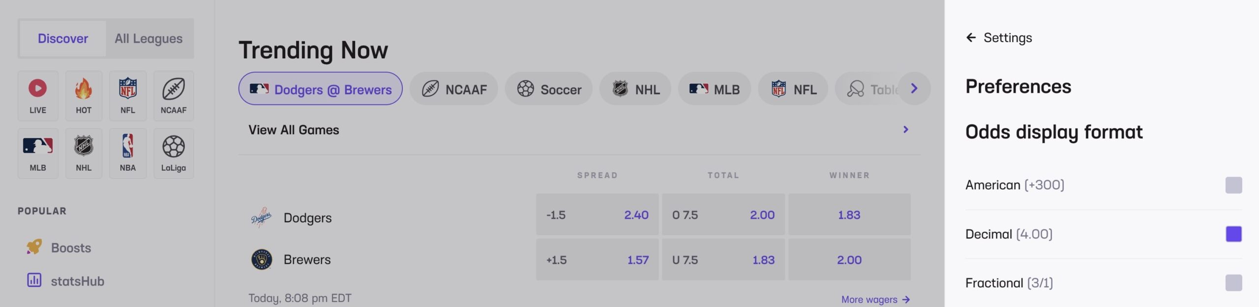 Odds preferences at Hard Rock Bet Sportsbook