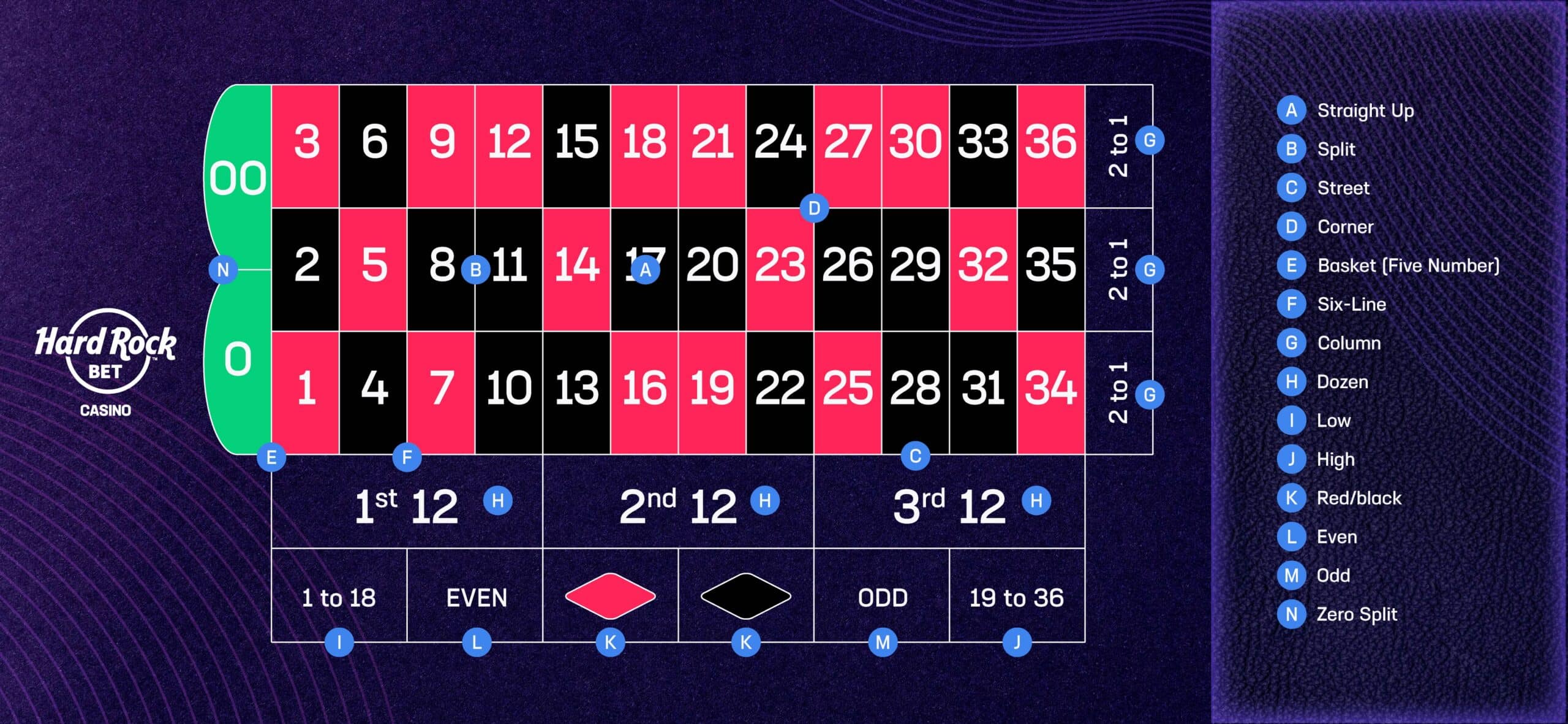 Horizontal view of all bets on a roulette table
